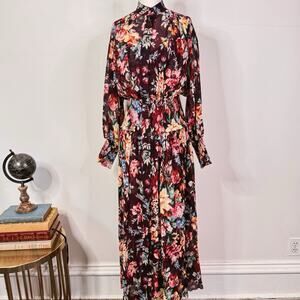 ZIMMERMANN Allia Shirred Long Dress Burgundy Floral Cotton Silk Size 4 / 8 UK